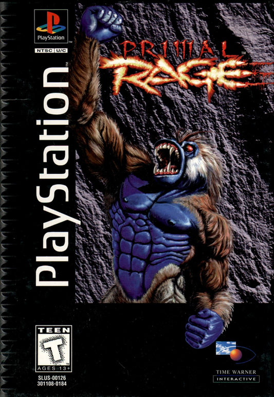 Primal Rage for PlayStation 1 fighting game featuring giant prehistoric beasts battling in arcade style combat long box packaging retro console release cover art