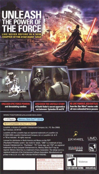 Star Wars The Force Unleashed PlayStation Portable PSP for action adventure video game fans featuring lightsaber combat Force powers cinematic storytelling epic Star Wars battles Jedi and Sith action challenging missions character upgrades immersive sci fi adventure collectible gaming appeal back cover art