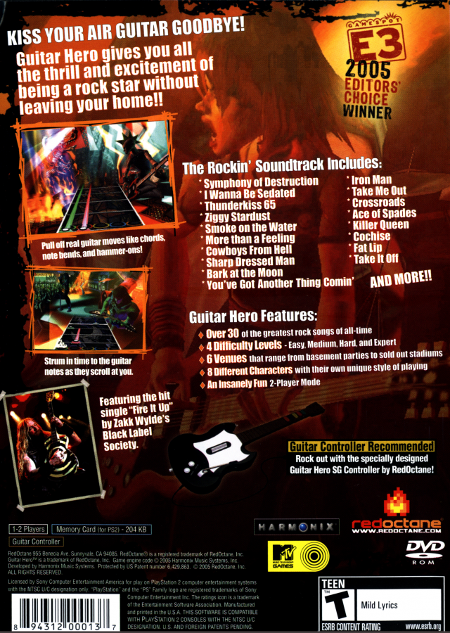 Guitar Hero Greatest Hits PlayStation 2 PS2 video game, music rhythm gameplay, rock band songs compilation, guitar controller action, console title back cover