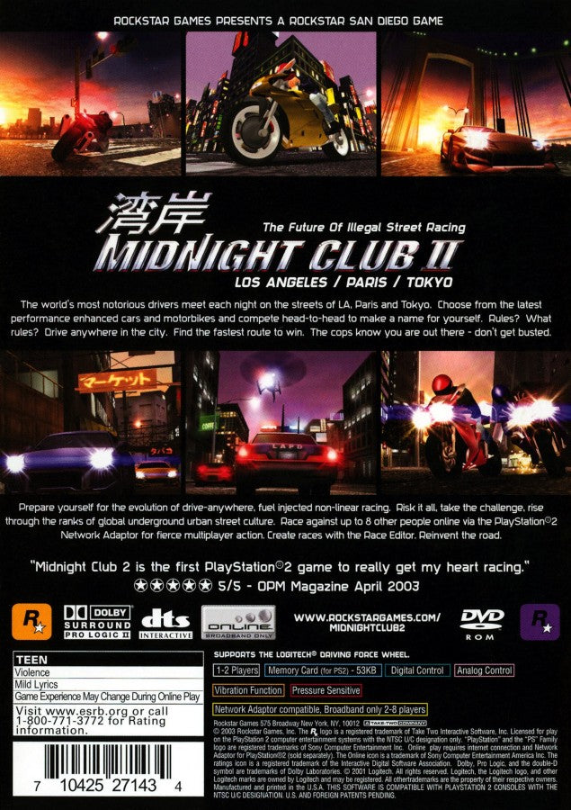 Midnight Club II back cover art for PlayStation 2 (PS2) featuring high‑speed street racing across Los Angeles, Paris, and Tokyo with customizable cars and motorcycles.
