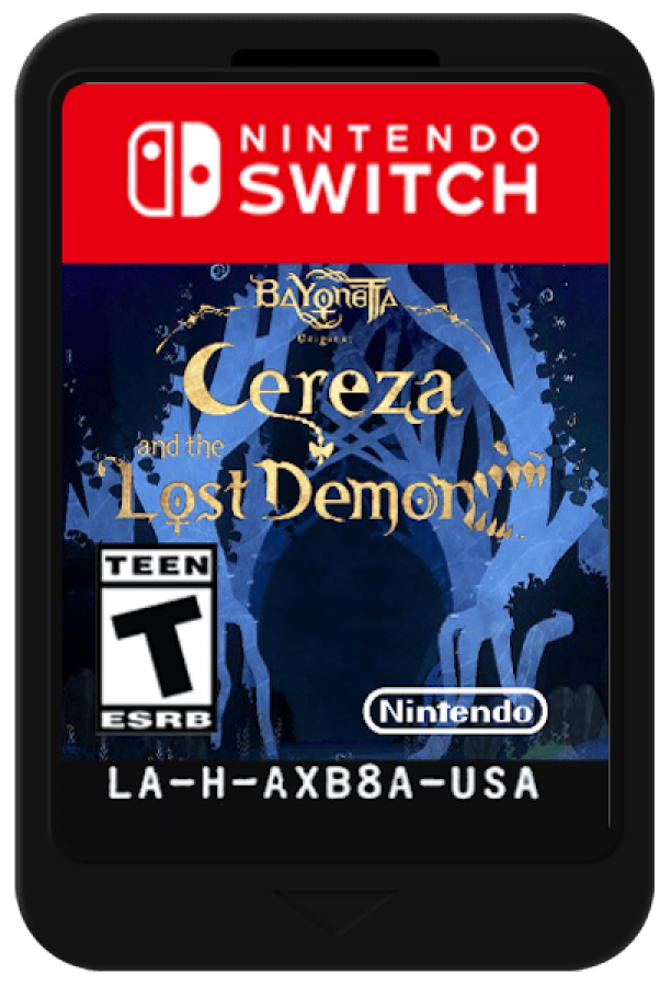Bayonetta Origins Cereza and the Lost Demon Nintendo Switch action-adventure prequel puzzle-platforming fairy-tale art style Cereza demon companion Cheshire magical forest storybook aesthetic cartridge art