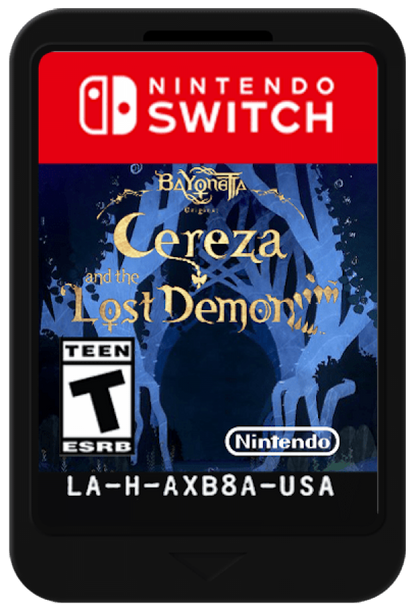 Bayonetta Origins Cereza and the Lost Demon Nintendo Switch action-adventure prequel puzzle-platforming fairy-tale art style Cereza demon companion Cheshire magical forest storybook aesthetic cartridge art
