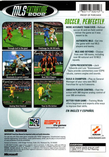 ESPN MLS ExtraTime 2002 for Xbox Original featuring intense soccer sports gameplay back cover art