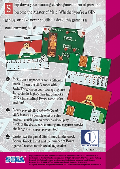 Poker Face Paul's: Gin back cover art for Sega Game Gear (GG) video game