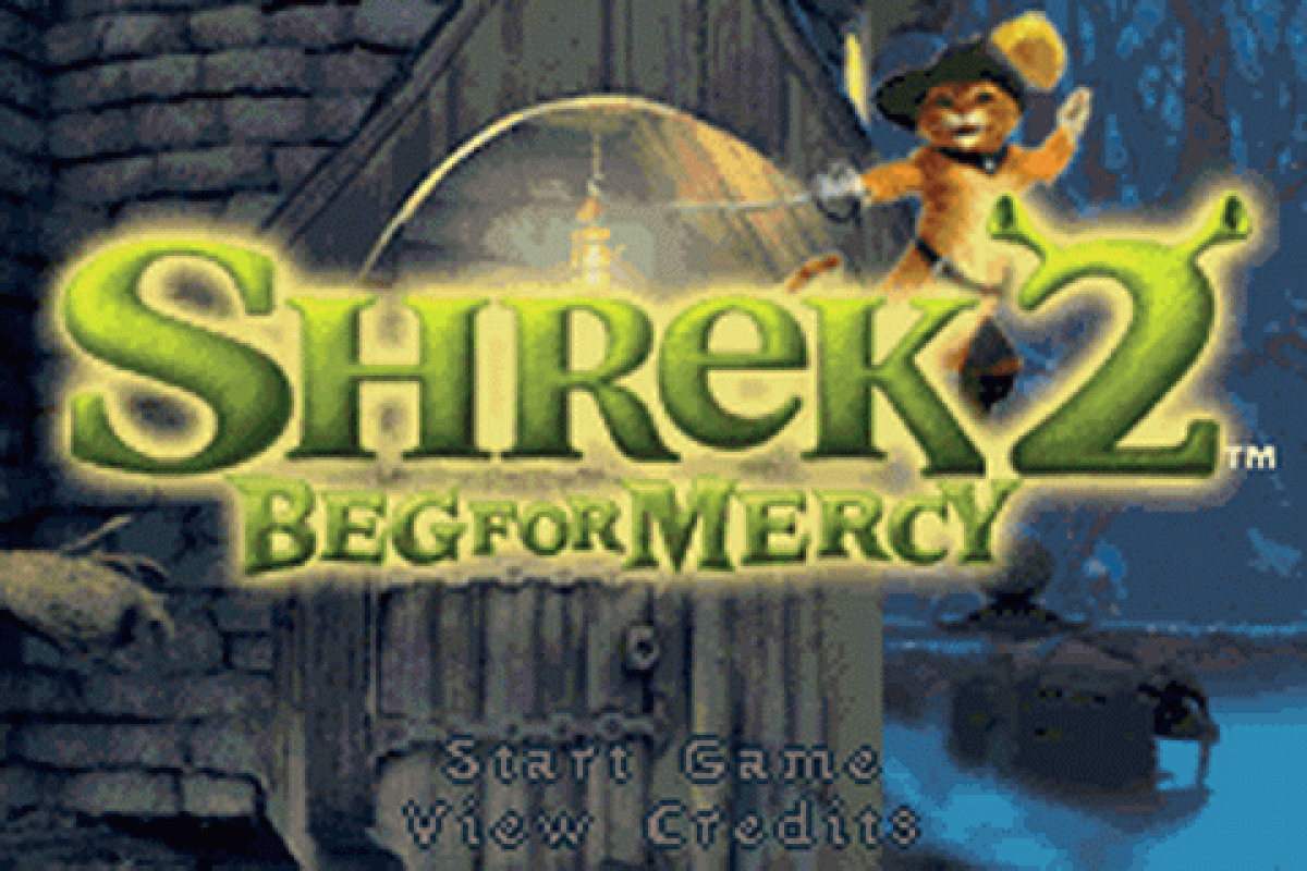 Shrek 2 Beg for Mercy for Game Boy Advance (GBA), title screen for a retro video game featuring action platforming gameplay, character-based combat, side-scrolling levels, and movie-inspired adventure challenges