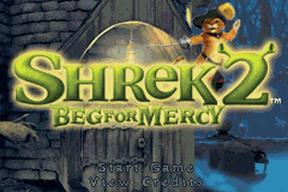 Shrek 2 Beg for Mercy for Game Boy Advance (GBA), title screen for a retro video game featuring action platforming gameplay, character-based combat, side-scrolling levels, and movie-inspired adventure challenges