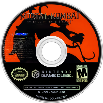 Mortal Kombat: Deception for Nintendo GameCube (GC) at Gamers INC, featuring the brutal and deep installment of the legendary fighting series that introduces the massive "Konquest" open-world RPG mode and innovative "Chess Kombat" and "Puzzle Kombat" mini-games, alongside a massive roster of warriors—including GameCube exclusive playable characters Goro and Shao Kahn—for the ultimate fatalities and weapon-based combat experience disc