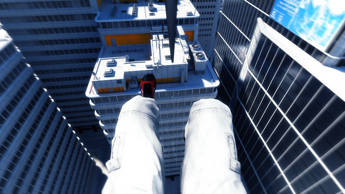 Mirrors Edge Xbox 360 video game featuring first person parkour gameplay fluid free running combat futuristic city environments and critically acclaimed EA action adventure title gameplay