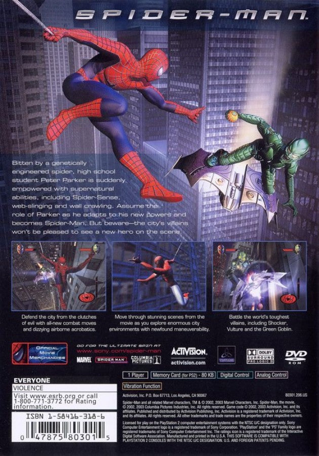 Spider-Man [Greatest Hits] – PlayStation 2 (PS2) video game back of case, action-adventure superhero game.
