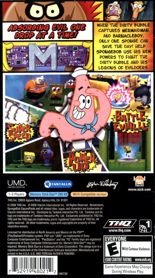 SpongeBob SquarePants: The Yellow Avenger back of case for PlayStation Portable (PSP) action-adventure game