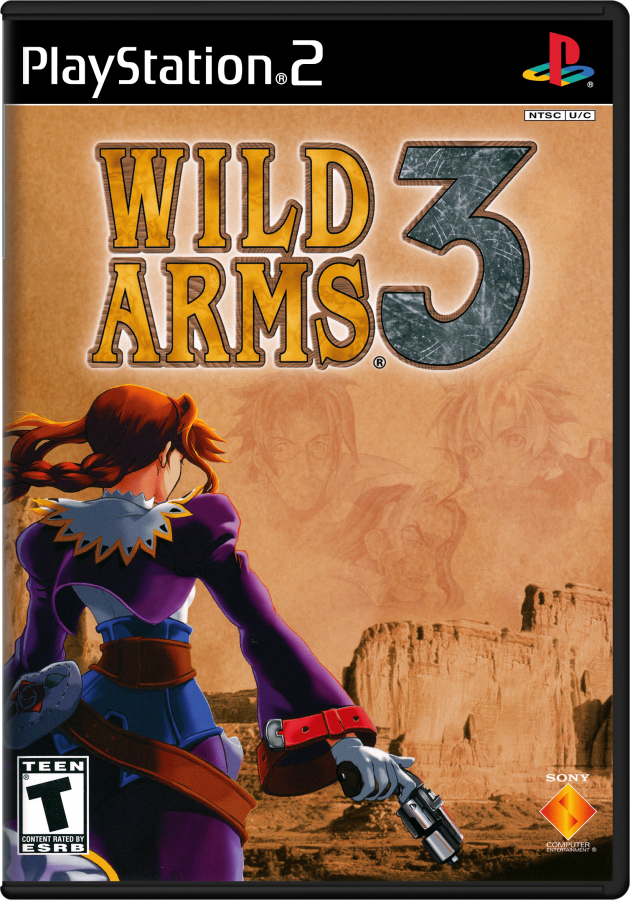 Wild Arms 3 PS2 Sony PlayStation 2 JRPG role playing game cel shaded Western fantasy adventure turn based combat dungeon exploration puzzle solving gunfighter characters story driven gameplay desert world retro gaming PlayStation 2 software video game title cover art