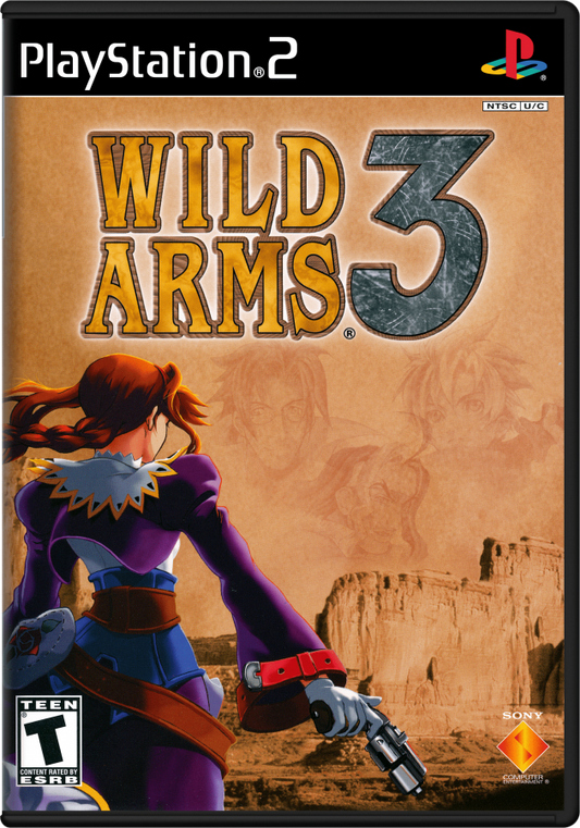 Wild Arms 3 PS2 Sony PlayStation 2 JRPG role playing game cel shaded Western fantasy adventure turn based combat dungeon exploration puzzle solving gunfighter characters story driven gameplay desert world retro gaming PlayStation 2 software video game title cover art