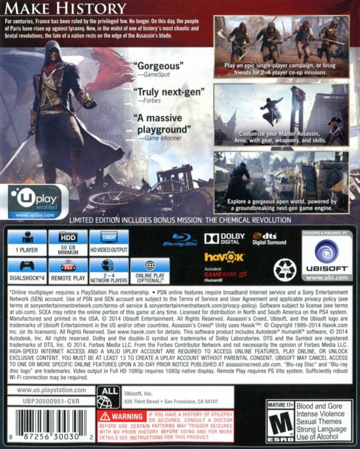 Retro Assassins Creed Unity Limited Edition PS4 inspired design featuring French Revolution stealth action aesthetic historic Paris rooftops hidden blade parkour assassin brotherhood cinematic open world adventure Ubisoft gameplay nostalgia back cover