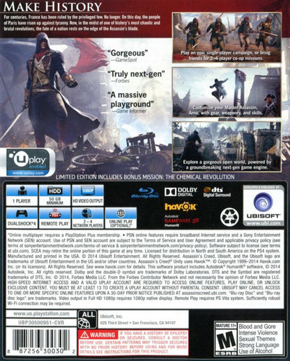 Retro Assassins Creed Unity Limited Edition PS4 inspired design featuring French Revolution stealth action aesthetic historic Paris rooftops hidden blade parkour assassin brotherhood cinematic open world adventure Ubisoft gameplay nostalgia back cover