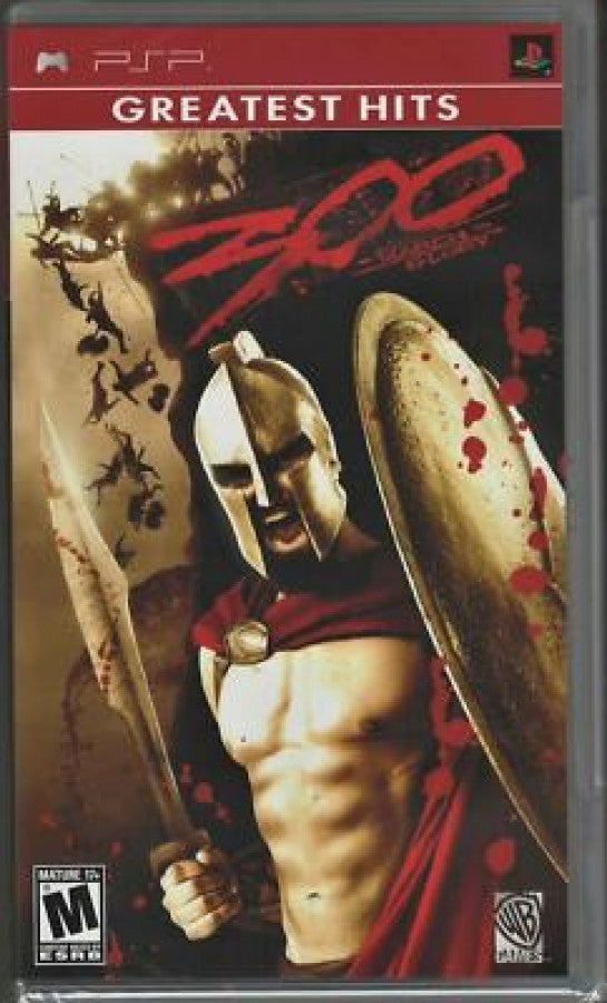 300 March to Glory Greatest Hits PlayStation Portable inspired design featuring ancient Spartan warrior action aesthetic epic battlefield combat mythic Greek warfare cinematic hack and slash gameplay heroic last stand atmosphere handheld gaming presentation front cover 