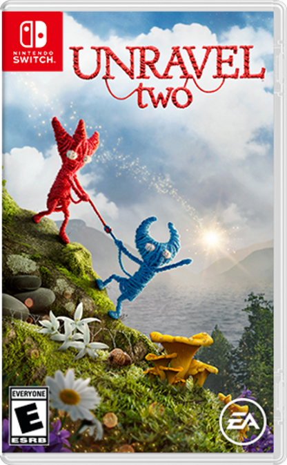 Unravel Two Nintendo Switch inspired design featuring heartwarming puzzle platform adventure aesthetic cooperative gameplay charming yarn characters beautiful natural environments creative physics challenges emotional storytelling and exploration presentation front cover