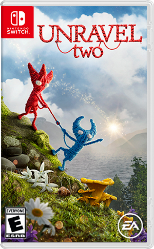 Unravel Two Nintendo Switch inspired design featuring heartwarming puzzle platform adventure aesthetic cooperative gameplay charming yarn characters beautiful natural environments creative physics challenges emotional storytelling and exploration presentation front cover