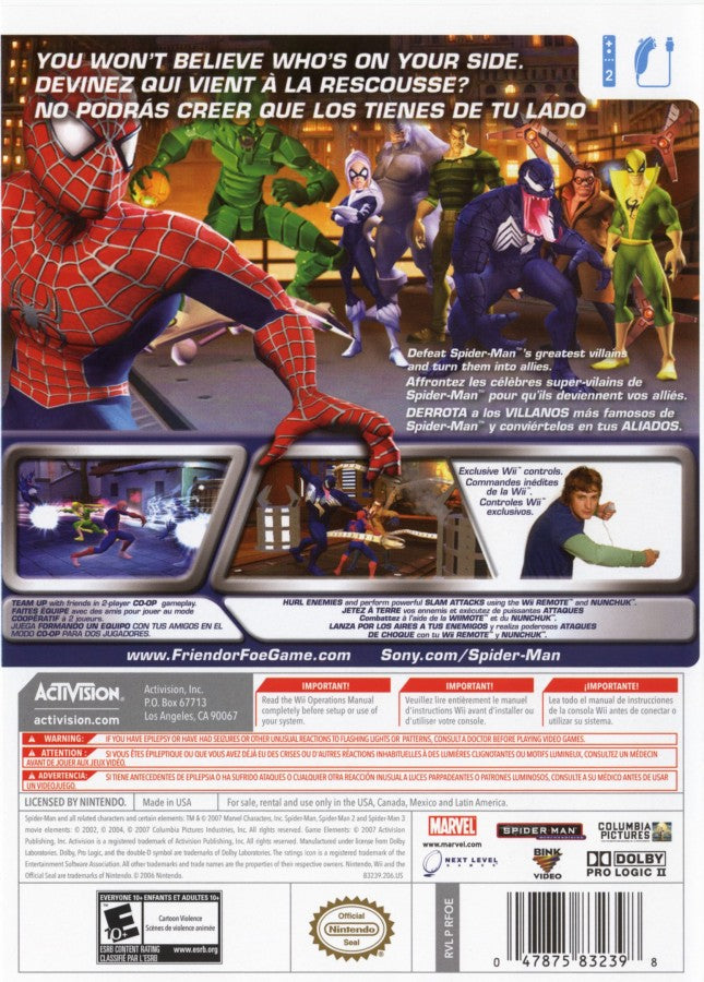 Retro Spider Man Friend or Foe Wii inspired design featuring comic book action adventure gameplay aesthetic superhero team battles colorful stylized villains cooperative beat em up combat Marvel universe nostalgia Nintendo Wii presentation back cover art 