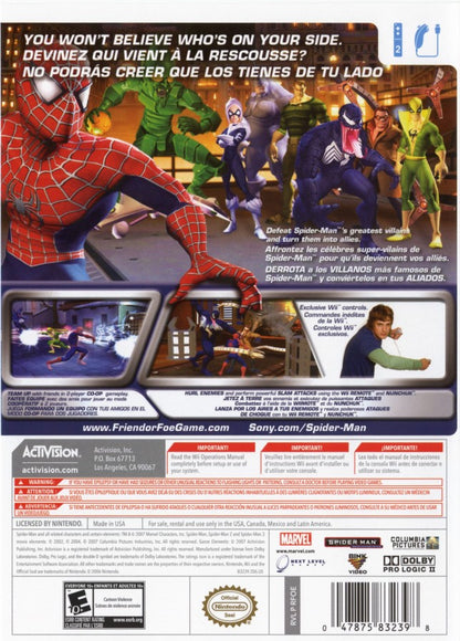 Retro Spider Man Friend or Foe Wii inspired design featuring comic book action adventure gameplay aesthetic superhero team battles colorful stylized villains cooperative beat em up combat Marvel universe nostalgia Nintendo Wii presentation back cover art 