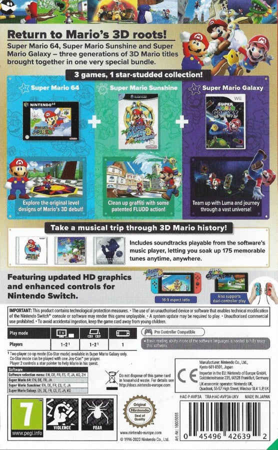 Super Mario 3D All-Stars PAL Nintendo Switch compilation featuring Super Mario 64 Super Mario Sunshine Super Mario Galaxy 3D platforming adventure collection limited release back cover art 