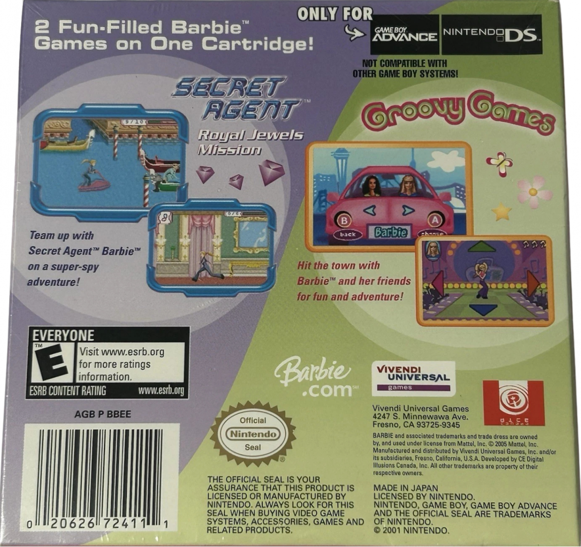 Barbie Superpack Game Boy Advance GBA for retro video game enthusiasts featuring family friendly gameplay multiple Barbie adventures colorful platforming puzzle solving imaginative activities handheld gaming fun and collectible gaming appeal back art 