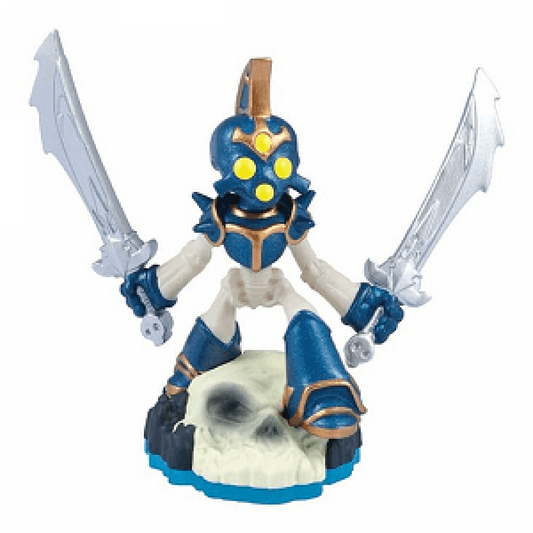 Twin Blade Chop Chop Series 3 Skylanders Swap Force figure, undead skeletal knight with dual swords, dark armor and glowing eyes, posed in battle stance, detailed collectible toy on portal base from Skylanders Swap Force series