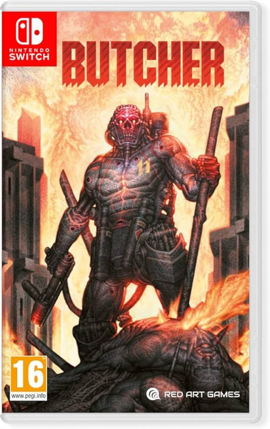 Butcher PAL Import Nintendo Switch inspired design featuring brutal action platform shooter aesthetic relentless side scrolling combat dark industrial environments pixel art visuals intense enemy encounters fast paced gameplay and retro inspired arcade challenge presentation front cover