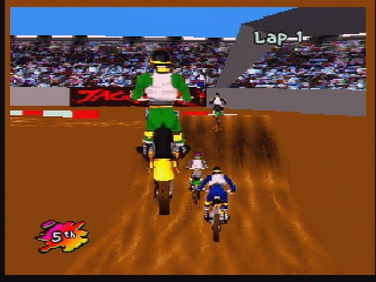 Supercross 3D Atari Jaguar JAG for motocross racing video game fans featuring off road motorcycle racing dirt tracks jumps ramps obstacles challenging courses competing riders high speed action and classic Atari Jaguar gameplay collectible retro gaming appeal gameplay