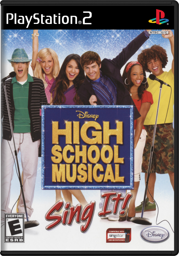 Disney Sing It: High School Musical cover art for PlayStation 2 (PS2) karaoke music rhythm video game based on the High School Musical films