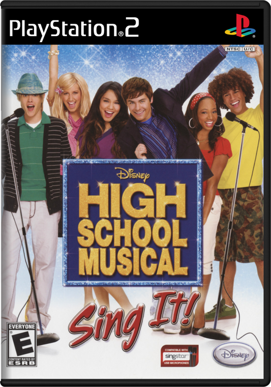 Disney Sing It: High School Musical cover art for PlayStation 2 (PS2) karaoke music rhythm video game based on the High School Musical films