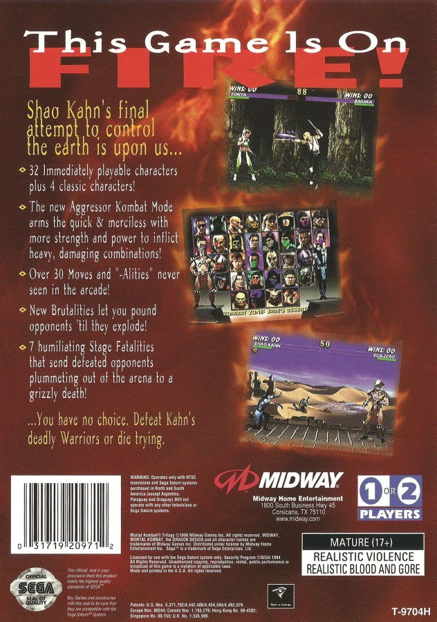 Mortal Kombat Trilogy back cover art for Sega Saturn SS video game