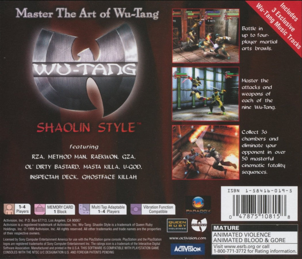 Wu-Tang Shaolin Style PlayStation 1 PS1 for retro video game enthusiasts featuring martial arts fighting gameplay iconic Wu Tang Clan members fast paced one on one combat special moves multiplayer battles hip hop inspired action and collectible gaming appeal back cover 