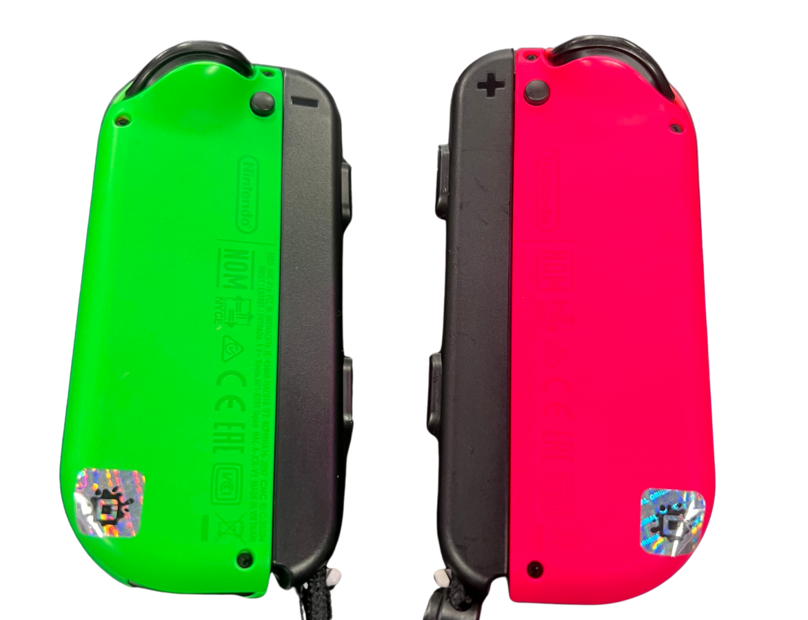 Nintendo Switch Joy-Con Neon Pink and Neon Green controllers featuring vibrant neon colors wireless motion controls HD Rumble responsive analog sticks detachable left and right controllers multiplayer gaming compatibility ergonomic design rechargeable accessories collectible Nintendo gaming appeal back view