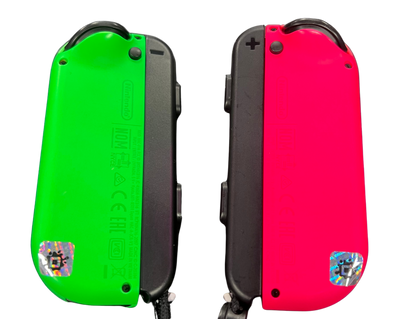 Nintendo Switch Joy-Con Neon Pink and Neon Green controllers featuring vibrant neon colors wireless motion controls HD Rumble responsive analog sticks detachable left and right controllers multiplayer gaming compatibility ergonomic design rechargeable accessories collectible Nintendo gaming appeal back view