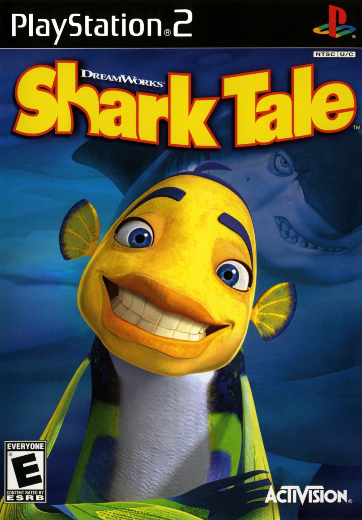 Shark Tale disc for the PlayStation 2 featuring action adventure gameplay based on the DreamWorks film with underwater missions mini games and story driven levels starring Oscar and friends in Reef City front cover