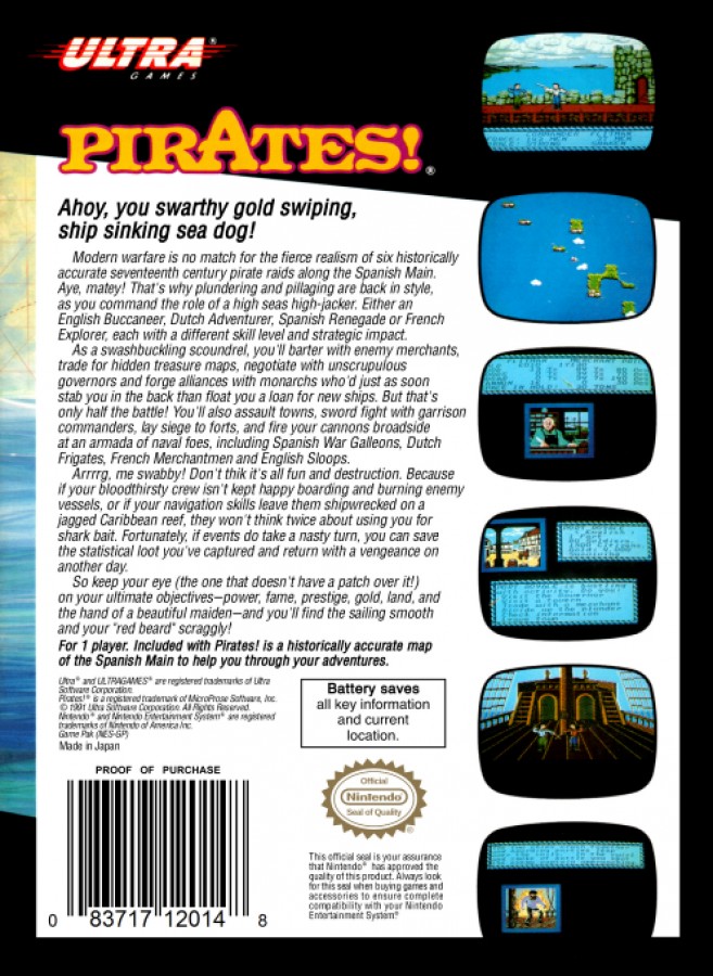 Pirates back of box for Nintendo Entertainment System (NES) retro video game