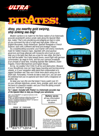 Pirates back of box for Nintendo Entertainment System (NES) retro video game