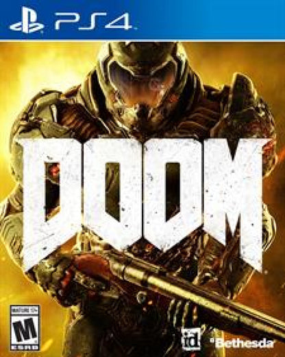 DOOM PS4 game featuring fast-paced first-person shooter action, intense demon-slaying combat, and visceral single-player and multiplayer gameplay cover art 