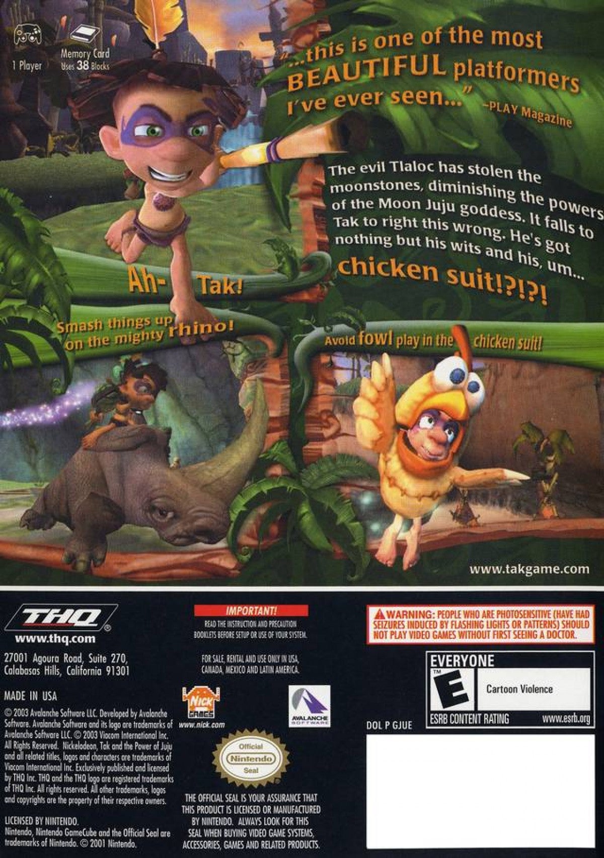 Tak and the Power of Juju Nintendo GameCube GC video game featuring action adventure platforming gameplay colorful fantasy world exploration puzzle solving combat challenges Tak character adventure retro video game Nintendo GameCube collection collectible gaming appeal back cover art