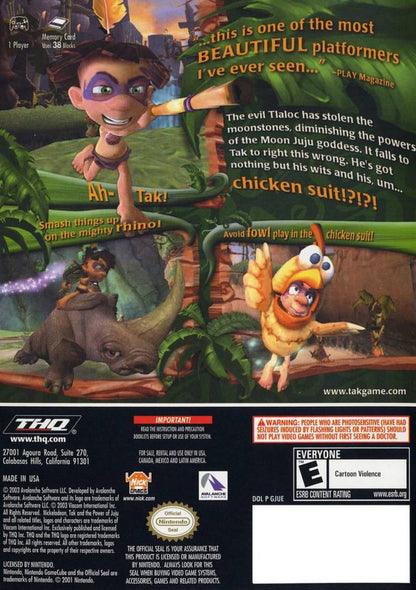 Tak and the Power of Juju Nintendo GameCube GC video game featuring action adventure platforming gameplay colorful fantasy world exploration puzzle solving combat challenges Tak character adventure retro video game Nintendo GameCube collection collectible gaming appeal back cover art