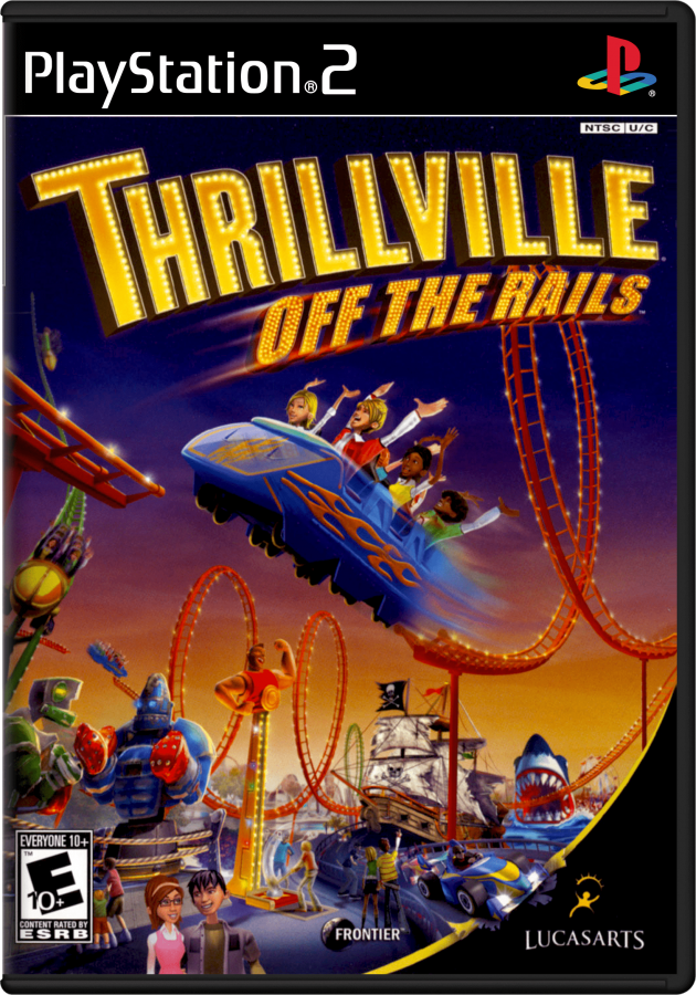 Thrillville Off The Rails – PlayStation 2 (PS2) video game cover image, theme park management and simulation.