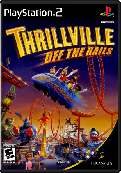 Thrillville Off The Rails – PlayStation 2 (PS2) video game cover image, theme park management and simulation.