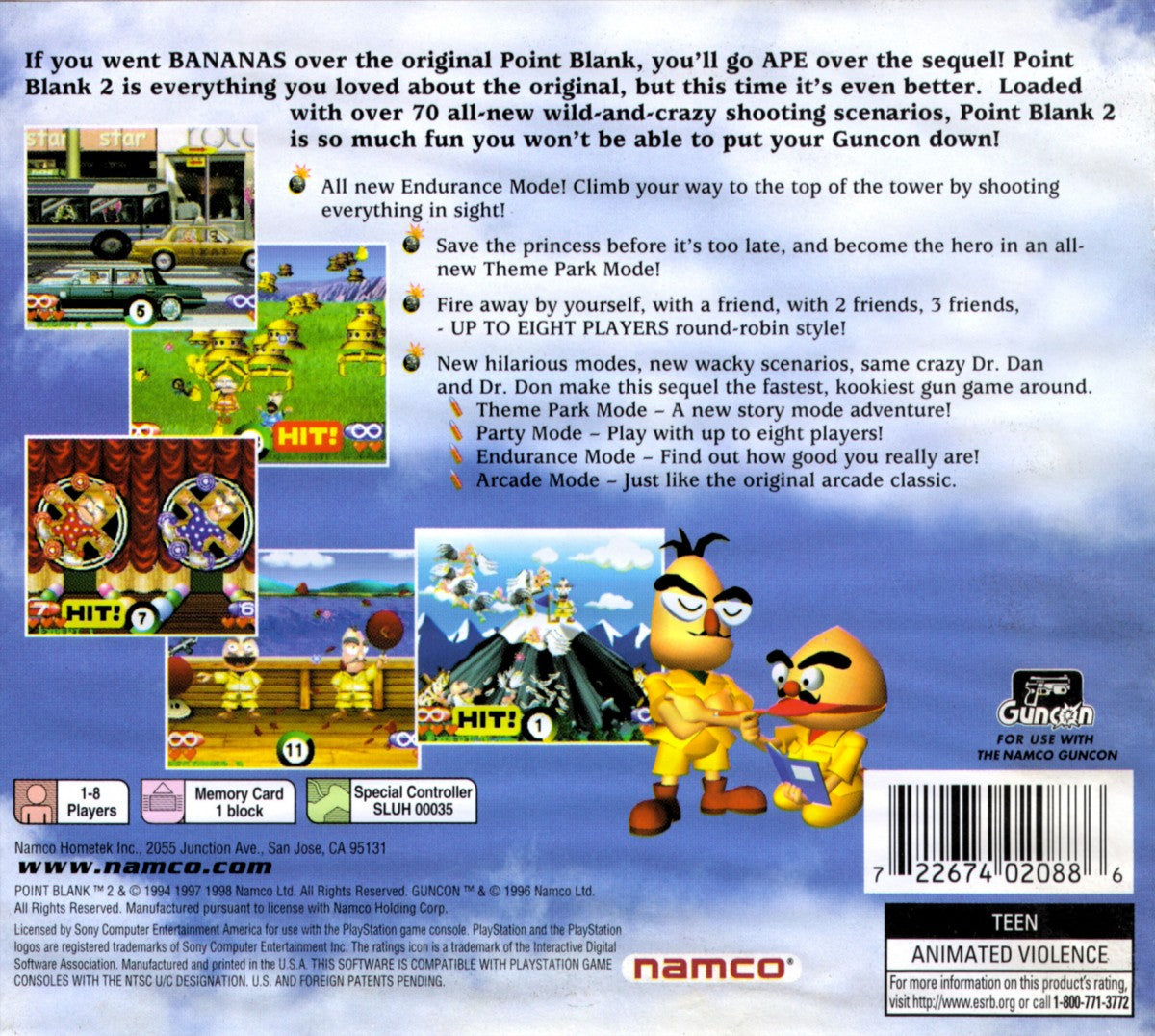 Point Blank 2 PS1 PlayStation 1 light gun shooter arcade mini games target shooting fast reflex gameplay retro video game back cover art