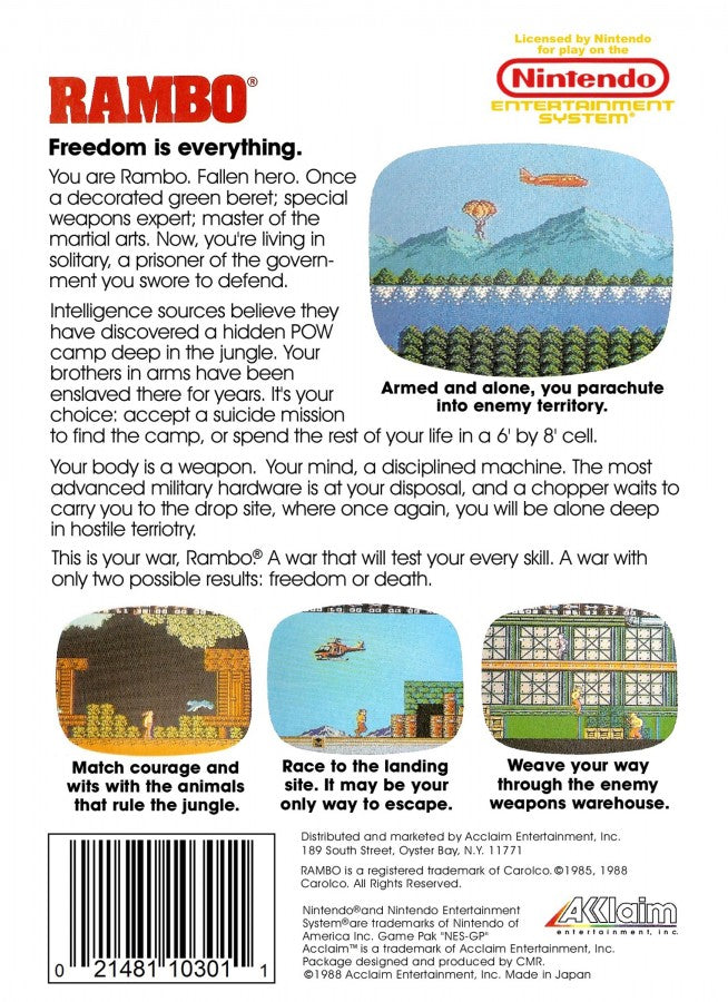 Rambo Nintendo Entertainment System NES video game featuring action adventure gameplay John Rambo military combat enemy battles weapon attacks jungle missions survival action challenging stages and classic 8 bit Nintendo gameplay retro video game collection collectible gaming appeal back cover art