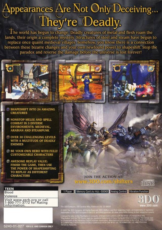Shifters PS2 Sony PlayStation 2 action adventure fantasy game creature transformation gameplay shapeshifting combat puzzle solving exploration mystical world third person action retro gaming PlayStation 2 software video game title back cover art