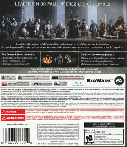 Dragon Age: Inquisition (Deluxe Edition) back cover art for PlayStation 3 (PS3) video game. 