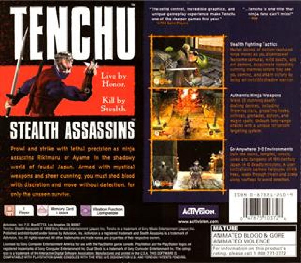 Tenchu: Stealth Assassins back of case for PlayStation 1 (PS1) stealth action video game