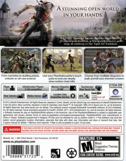 Assassin's Creed III: Liberation back cover art for PlayStation VITA (PS VITA) video game