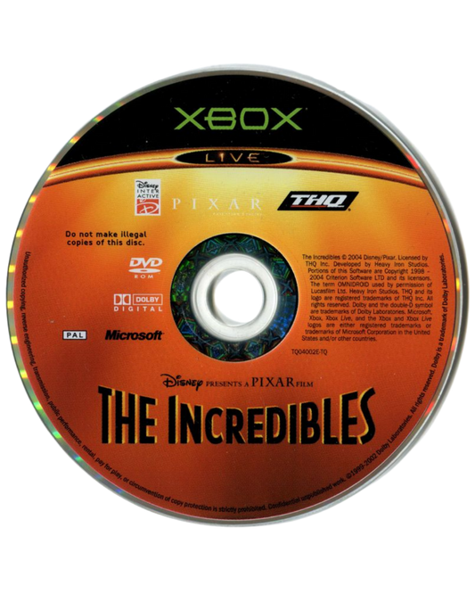 Disney Pixar The Incredibles Xbox action-adventure video game based on the animated film superhero family Mr Incredible Elastigirl Dash Violet Frozone crime fighting levels Syndrome omnidroid villain cooperative gameplay THQ Pixar license cel-shaded graphics super powers puzzle platforming disc