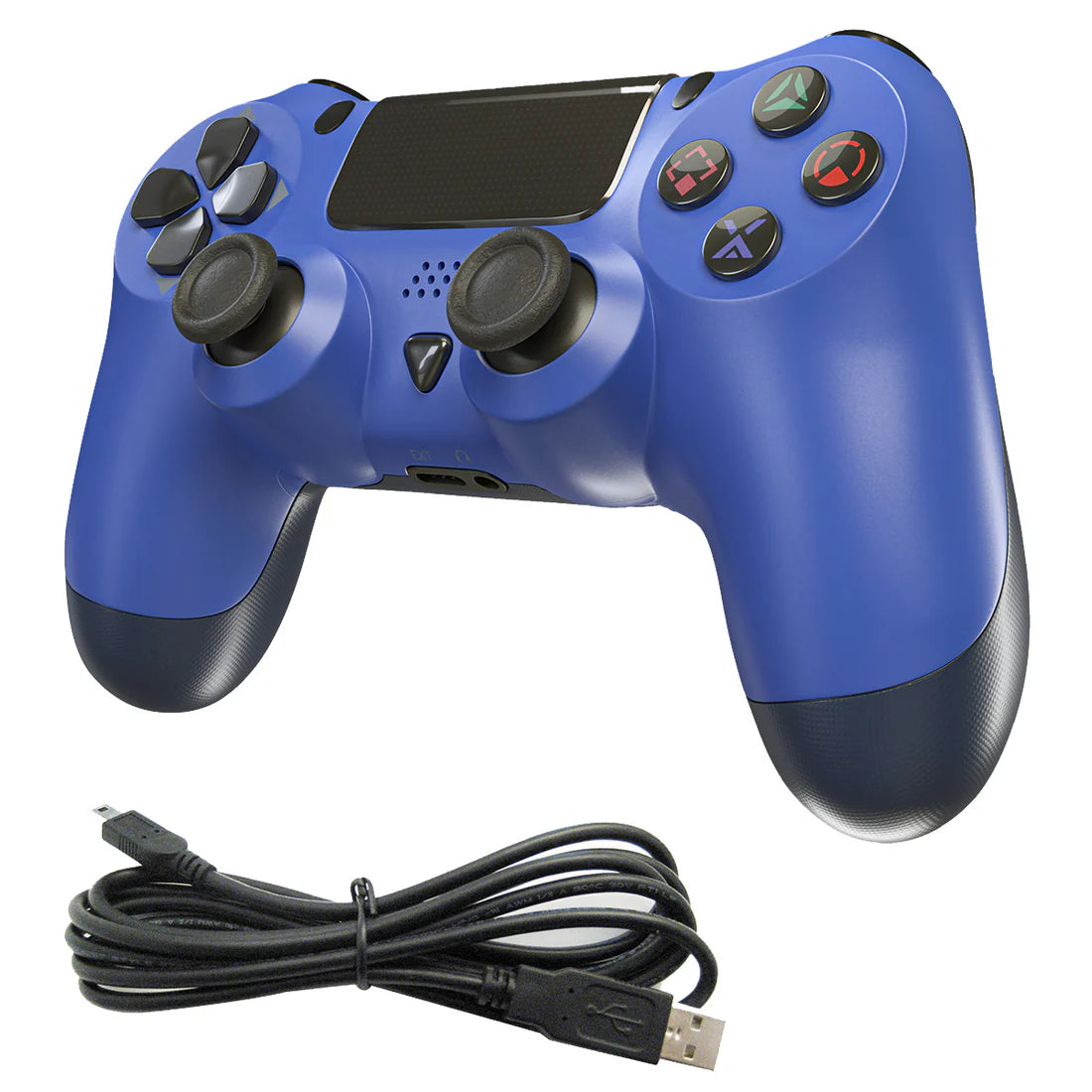 XYAB brand 1-to-1 third-party wireless controller for PlayStation 4 in blue featuring analog sticks, action buttons, shoulder buttons, and ergonomic design